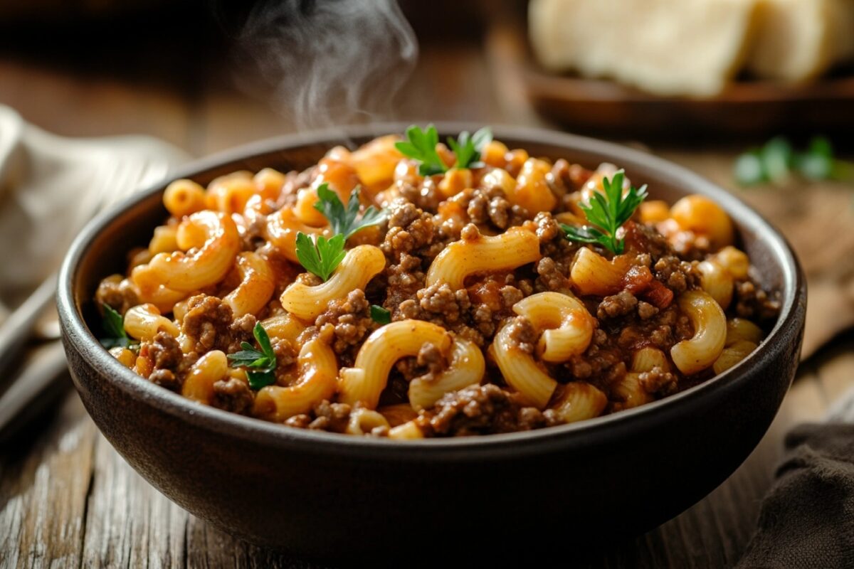 A warm bowl of beefaroni showing what is beefaroni made of?