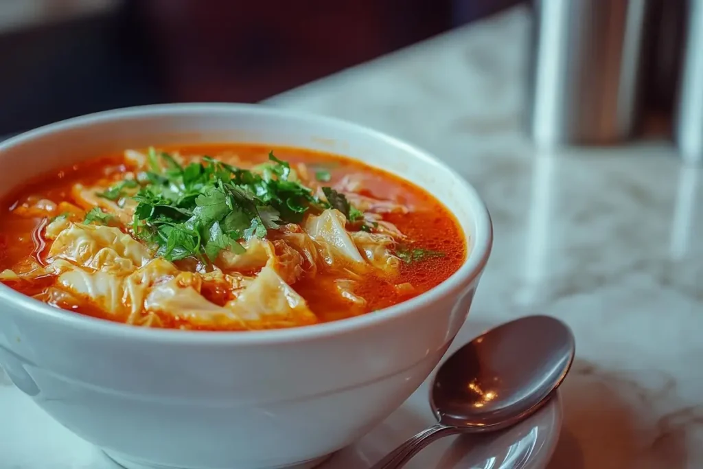 A bowl of red cabbage soup garnished with fresh parsley sits on a table.