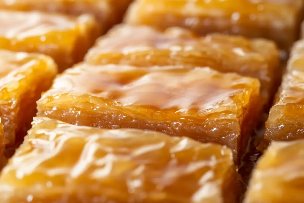 Close up of finished baklava with syrup