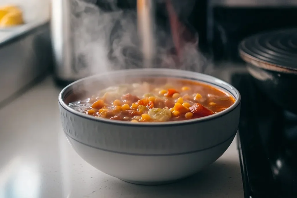 A bowl of hot, steaming vegetable soup sits on a kitchen counter.