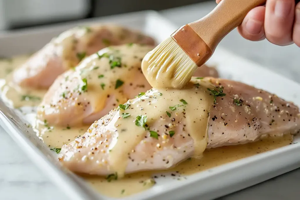 Brushing Dressing on Raw Chicken Breast