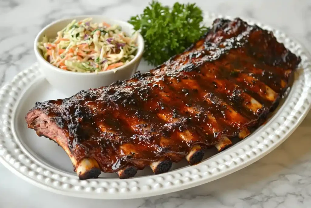 BBQ pork spareribs on a platter with coleslaw, on a white marble kitchen background.