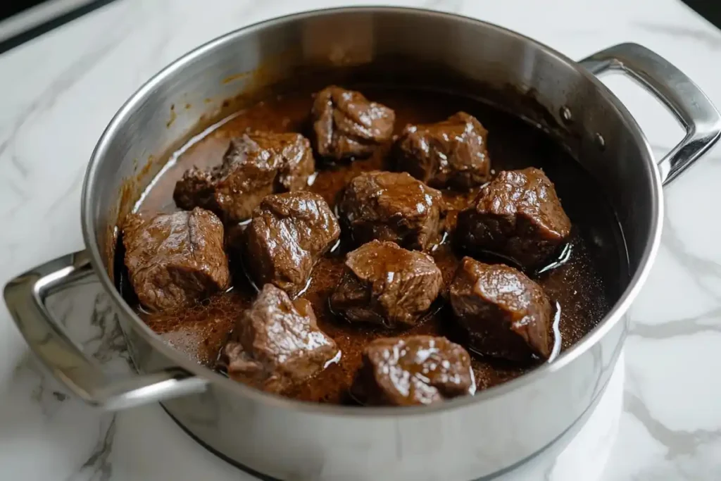 Braised beef heart in a pot.