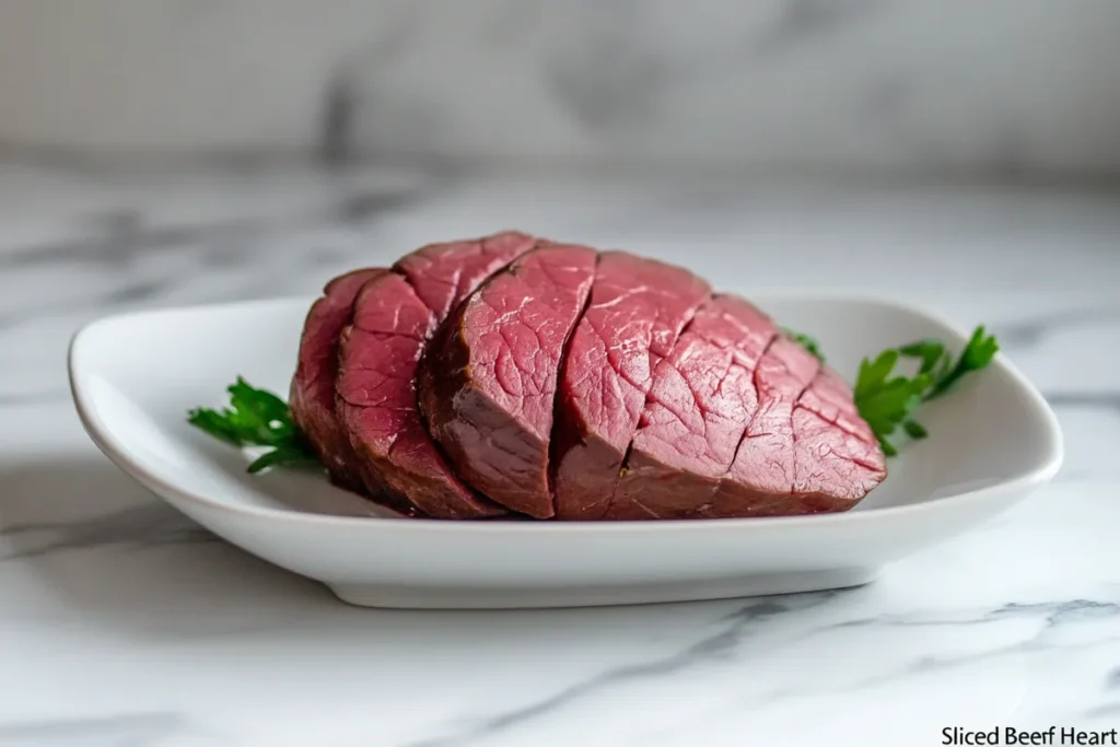 Sliced beef heart being prepared with herbs on white marble.