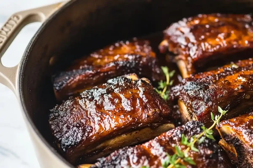 Close-up of braised short ribs in a rich sauce, on a white marble kitchen background.