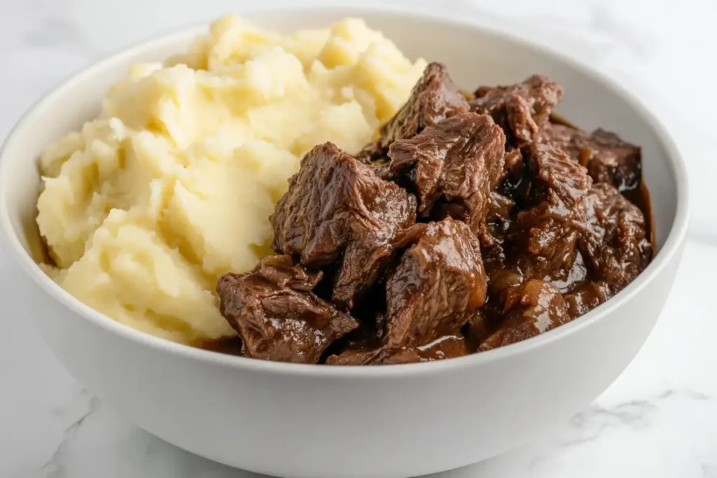 Braised beef short ribs served with mashed potatoes on a white marble background.