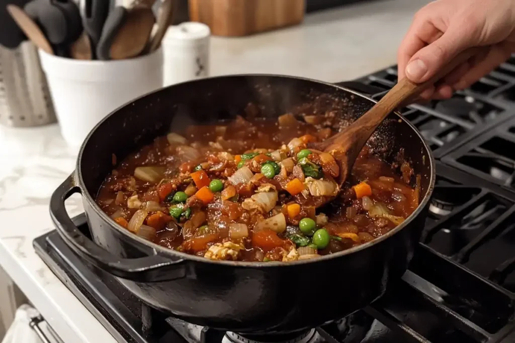 A hand stirs a hearty stew with a wooden spoon in a black pot on a stovetop.