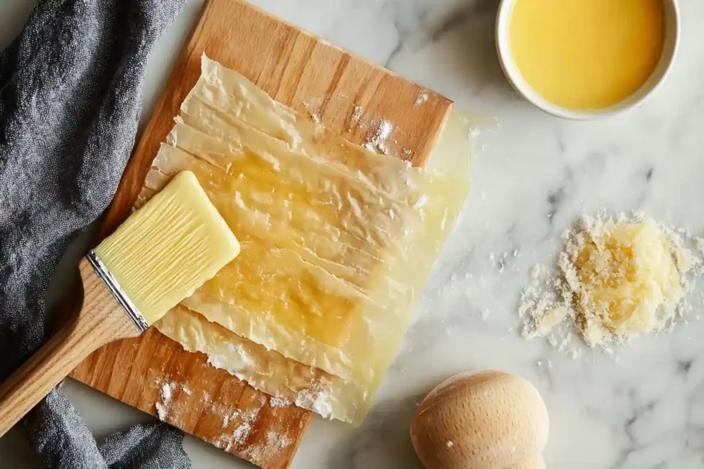 Brushing melted butter for baklava