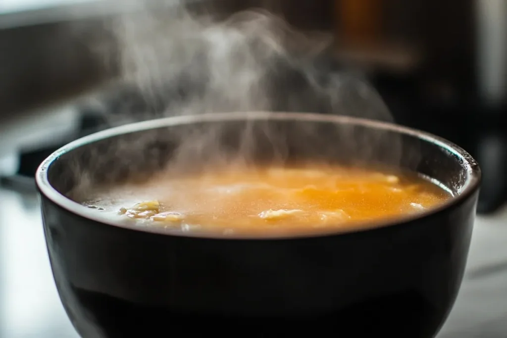 A dark bowl of hot, steaming soup sits on a stovetop.