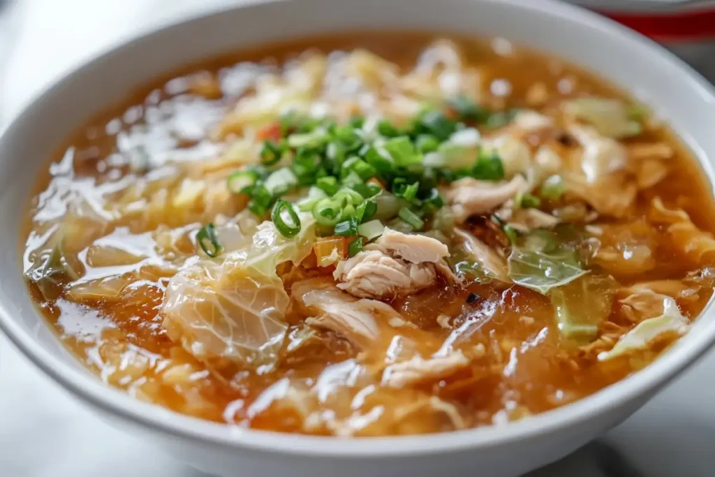 A bowl of hot soup with chicken, cabbage, and chopped green onions.