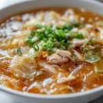 A bowl of hot soup with chicken, cabbage, and chopped green onions.