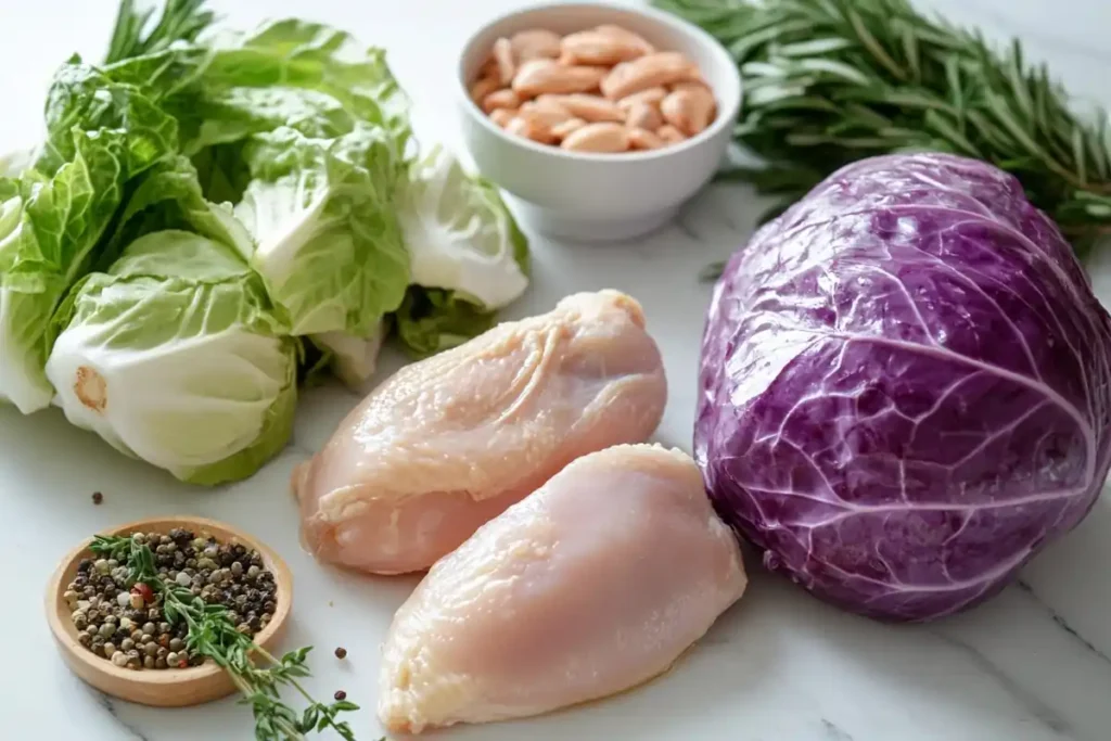 Raw chicken breasts, napa cabbage, red cabbage, almonds, peppercorns, and rosemary sit on a marble countertop.