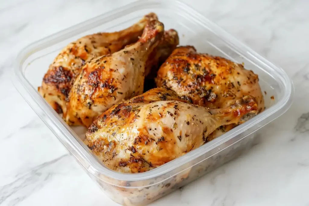 Leftover rotisserie chicken in an airtight container, stored on a white marble background.