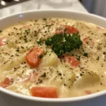 A creamy potato soup is garnished with chopped carrots, parsley, and black pepper.