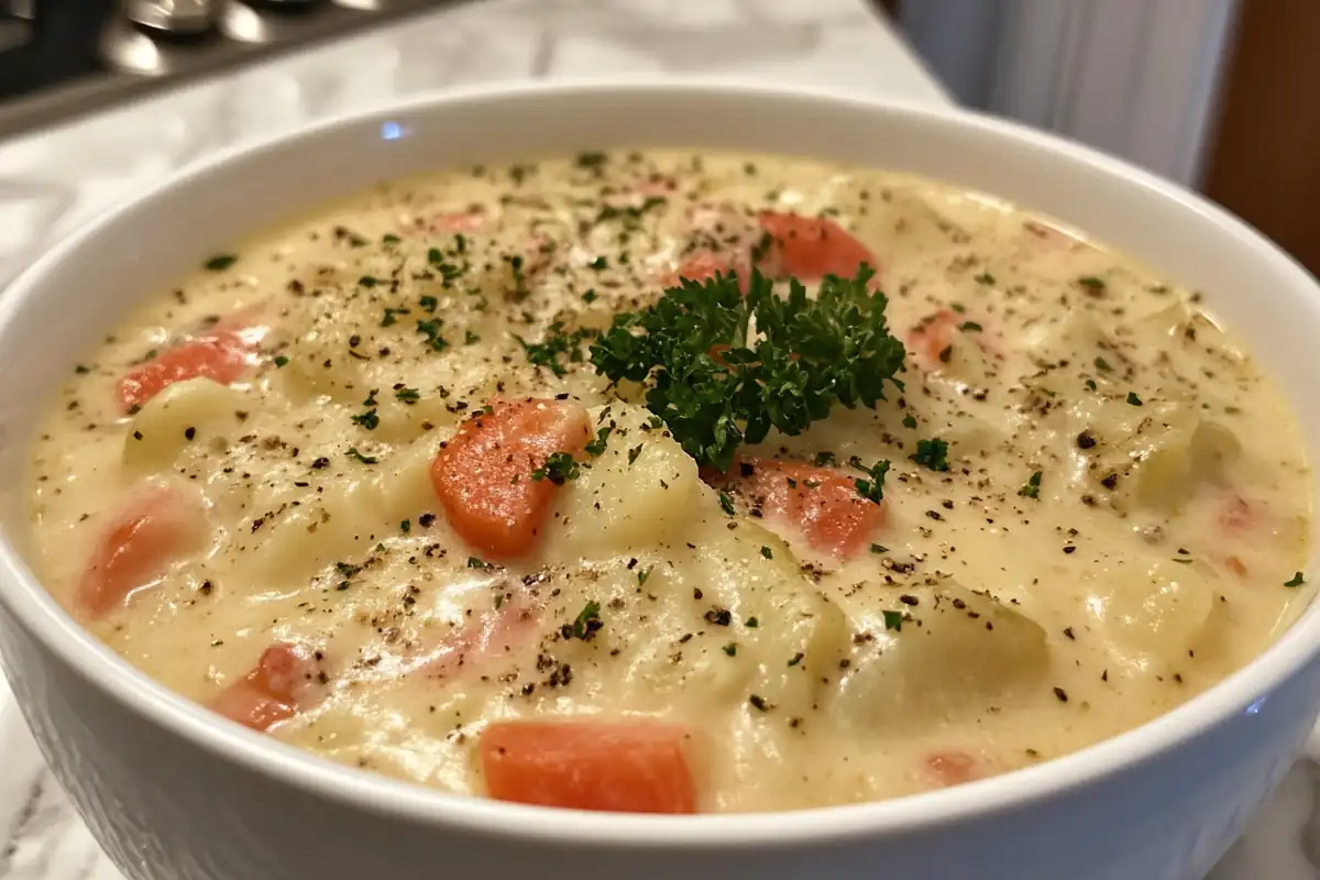 A creamy potato soup is garnished with chopped carrots, parsley, and black pepper.