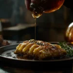 Layers of baklava being drizzled with cold syrup