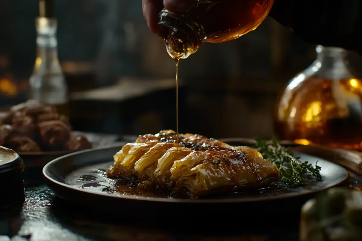 Layers of baklava being drizzled with cold syrup