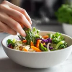 A hand adds a leafy green to a bowl of colorful mixed vegetables.