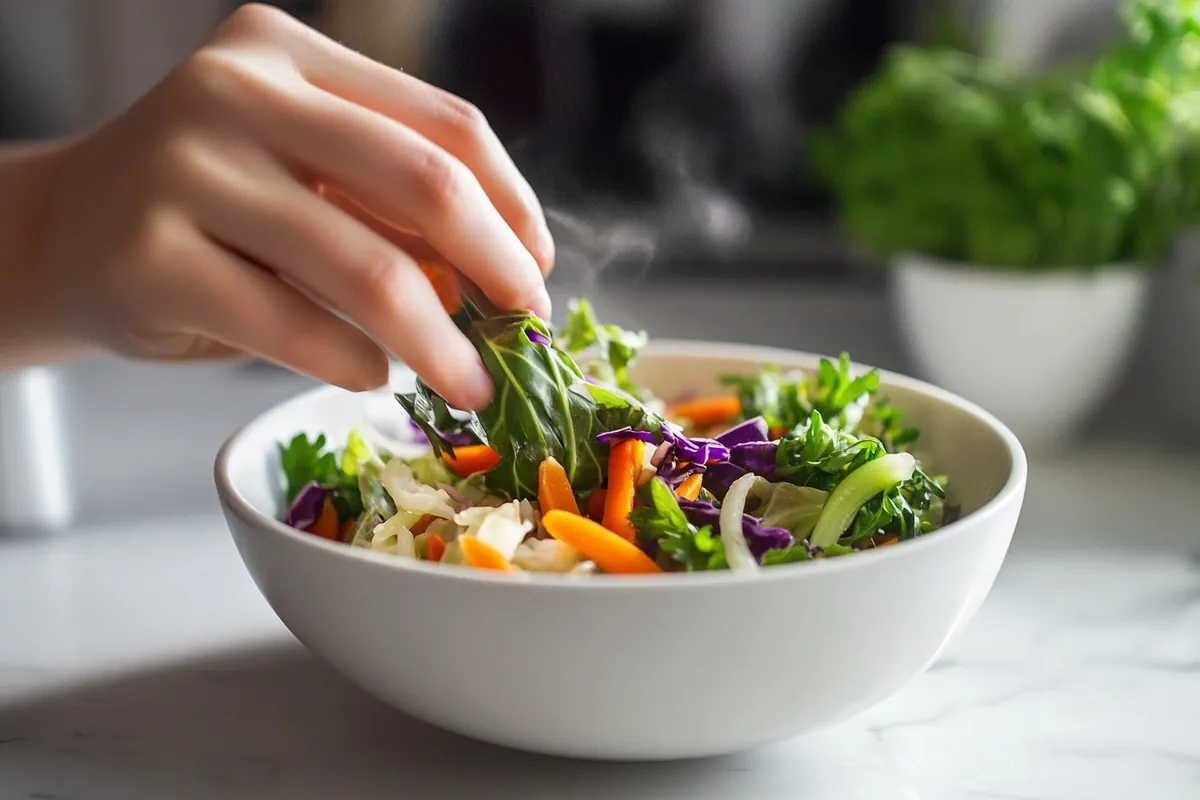 A hand adds a leafy green to a bowl of colorful mixed vegetables.