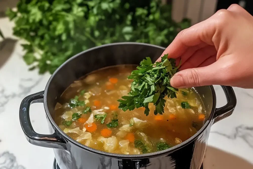 A hand sprinkles fresh parsley into a pot of vegetable soup.