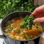 A hand sprinkles fresh parsley into a pot of vegetable soup.