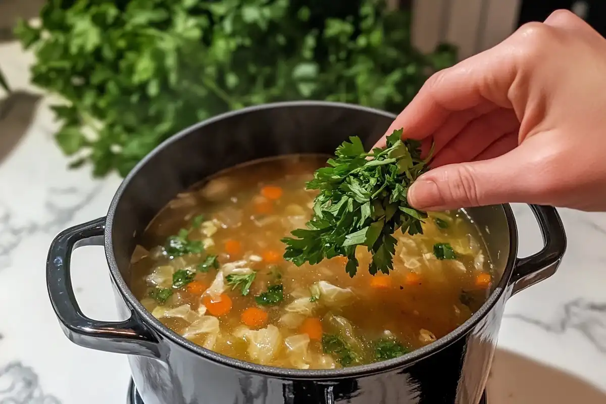 A hand sprinkles fresh parsley into a pot of vegetable soup.