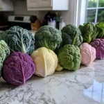 A variety of colorful cabbages and cauliflowers are lined up on a marble countertop.