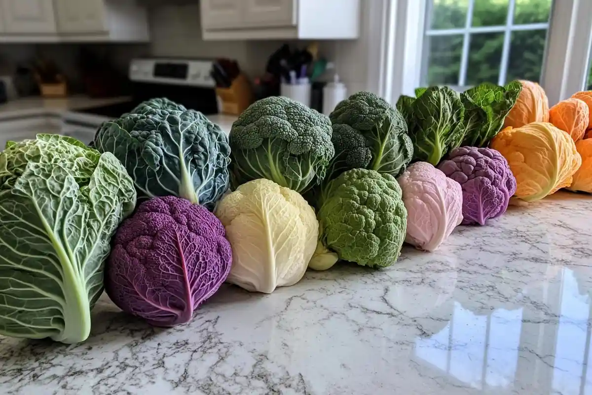 A variety of colorful cabbages and cauliflowers are lined up on a marble countertop.