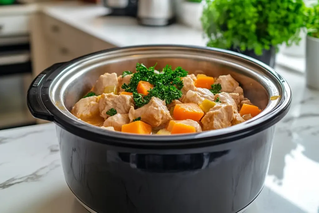 A slow cooker filled with cooked chicken and carrots garnished with parsley sits on a marble countertop.