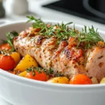 Roasted pork loin with potatoes and tomatoes is served in a white baking dish.