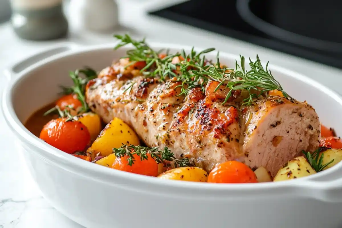 Roasted pork loin with potatoes and tomatoes is served in a white baking dish.