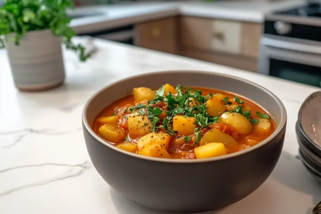 A gray bowl filled with potato and tomato stew, topped with fresh parsley, sits on a marble countertop.