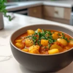 A gray bowl filled with potato and tomato stew, topped with fresh parsley, sits on a marble countertop.