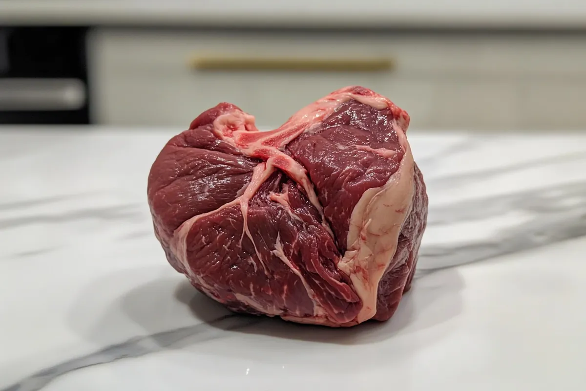 Close-up shot of fresh beef heart on white marble kitchen counter.