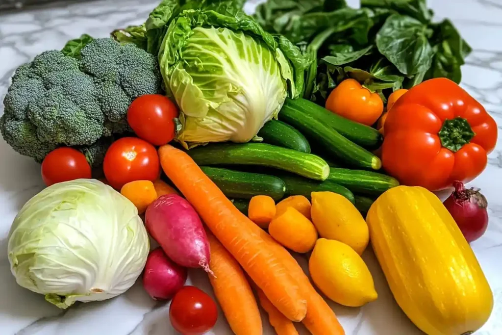 A colorful variety of fresh vegetables and fruits are displayed on a marble countertop.