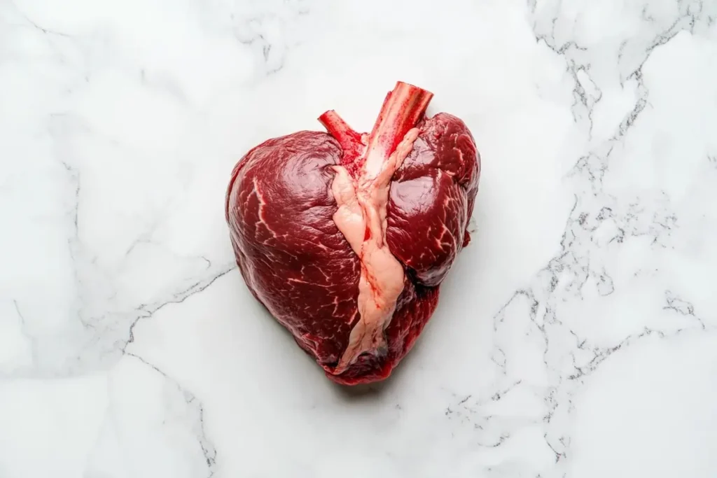 A close-up of raw beef heart with a marbled kitchen counter background.