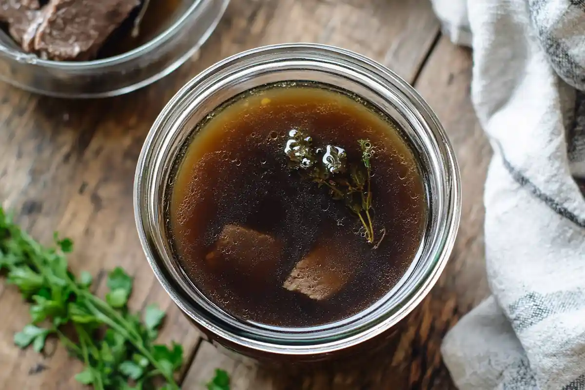 Beef broth in a clear glass jar