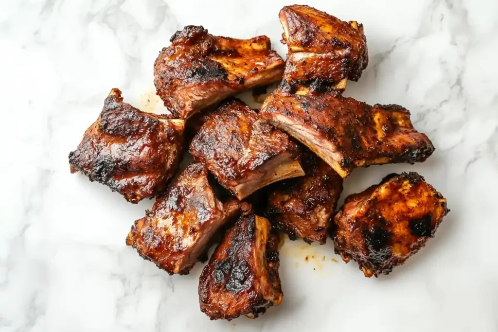 Country-style ribs grilled with a smoky char, on a white kitchen marble background.