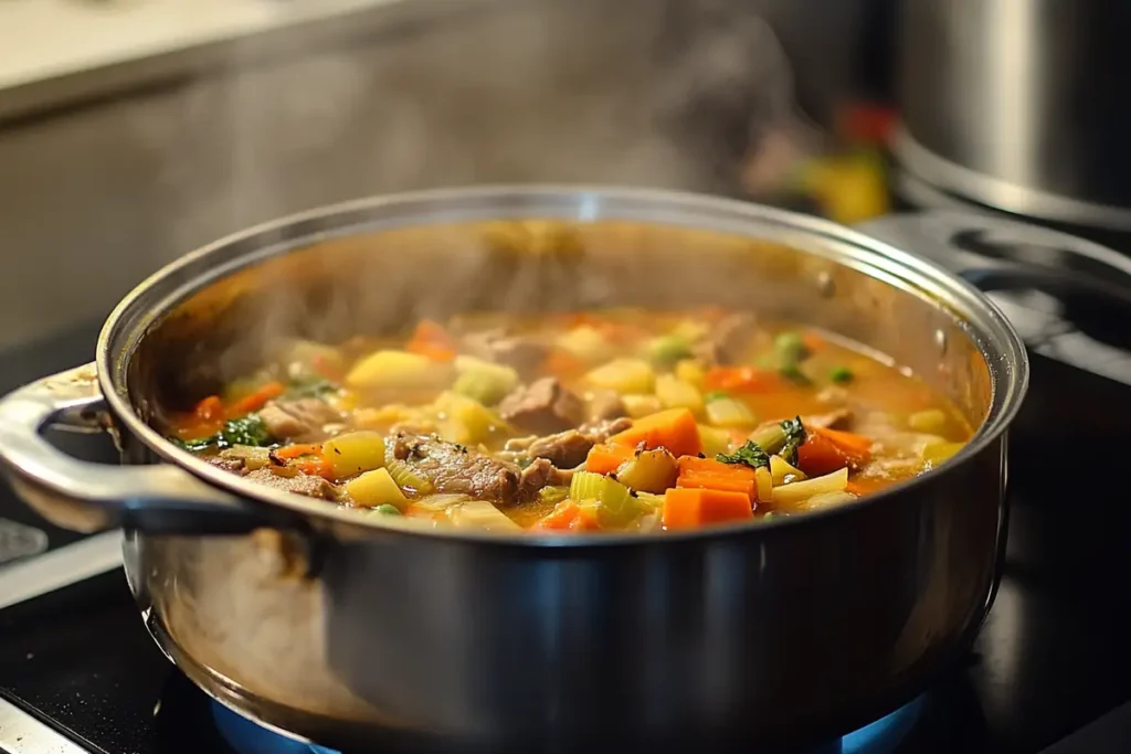 Beef broth being added to a pot of stew.