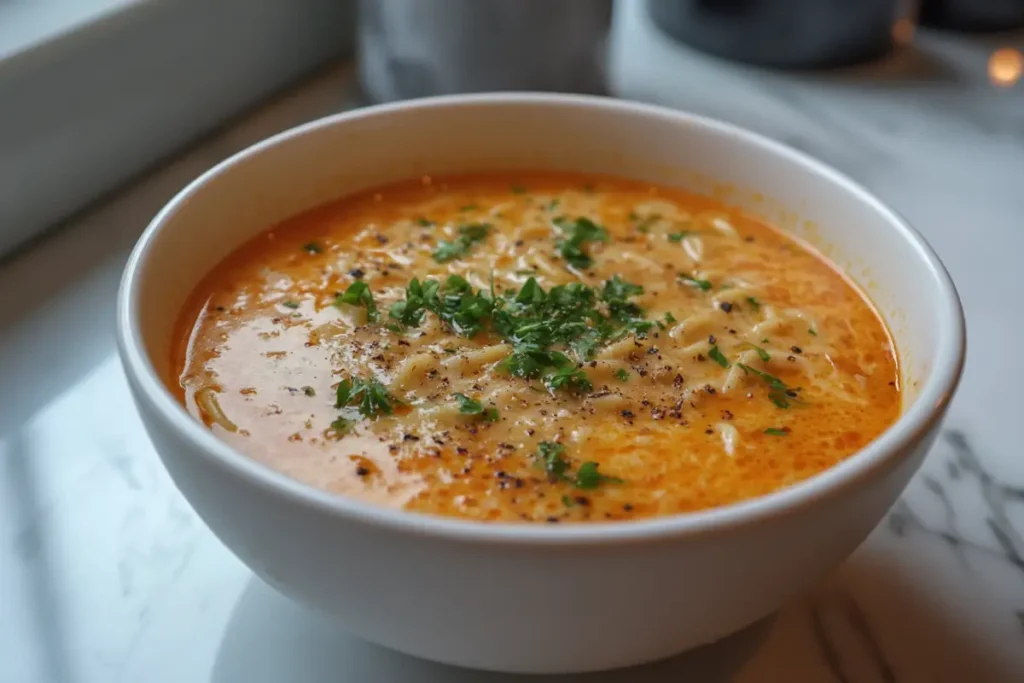 A bowl of creamy, orange soup with noodles and chopped parsley sits on a table.