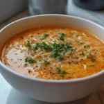 A bowl of creamy, orange soup with noodles and chopped parsley sits on a table.