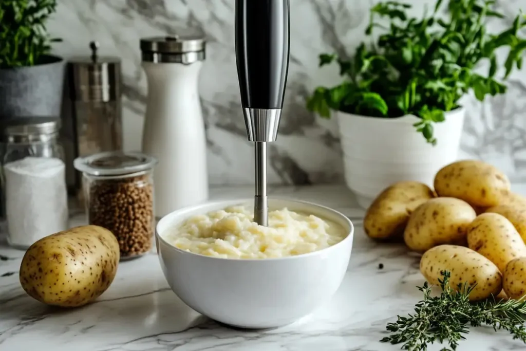 An immersion blender mixes mashed potatoes in a white bowl.