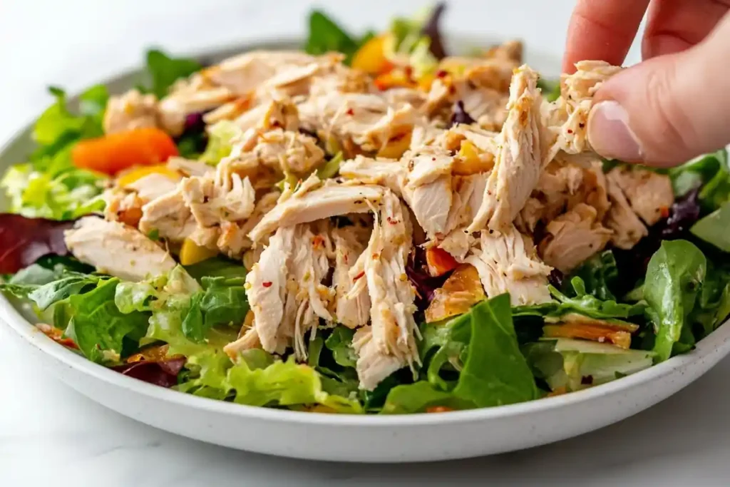 Shredded leftover rotisserie chicken on a salad, on a white kitchen marble background.