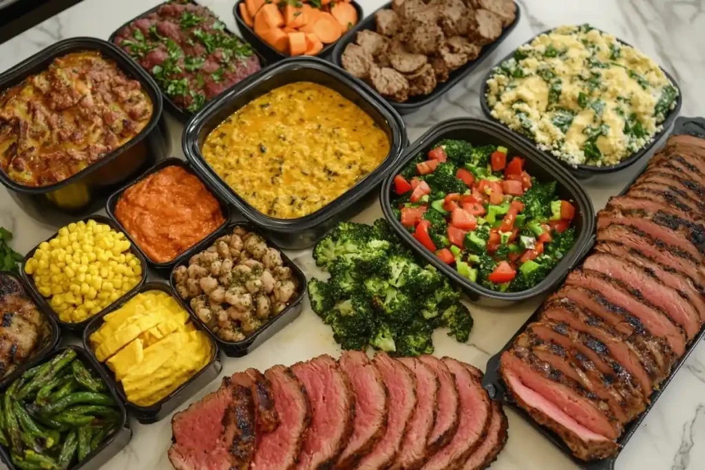 A variety of food items rich in protein are displayed on a countertop.