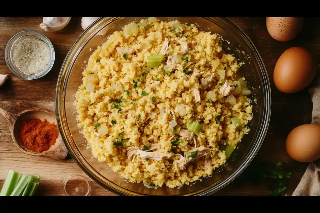 Mixing ingredients for chicken and dressing in a bowl