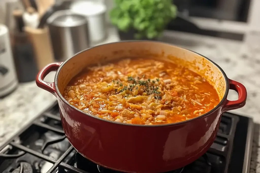 A red dutch oven sits on a stovetop, filled with a hearty, tomato-based vegetable stew.