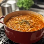 A red dutch oven sits on a stovetop, filled with a hearty, tomato-based vegetable stew.