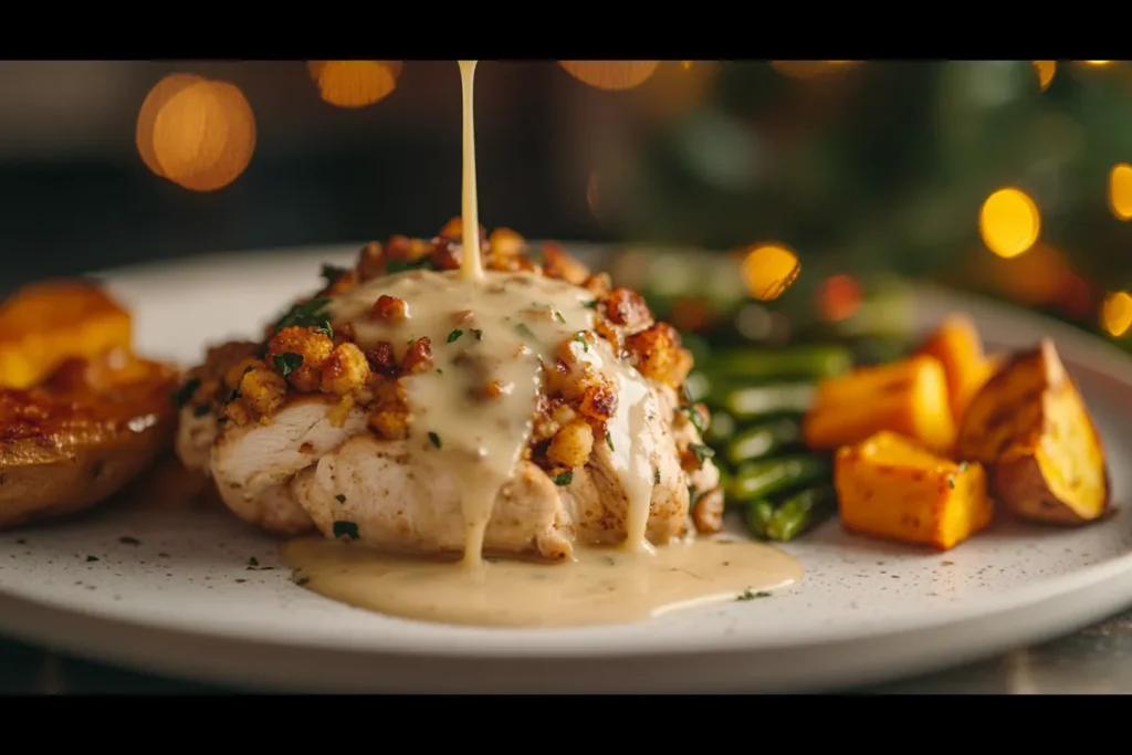 Plate of chicken and dressing with gravy drizzled over it