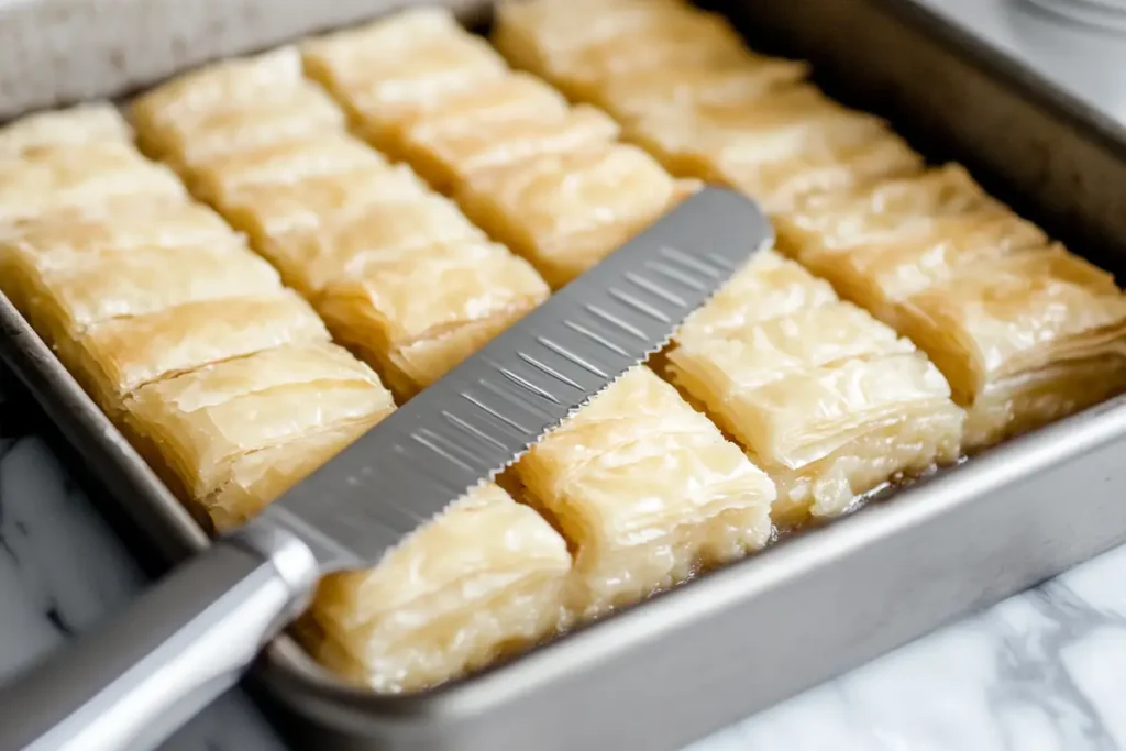 Scoring baklava before baking.