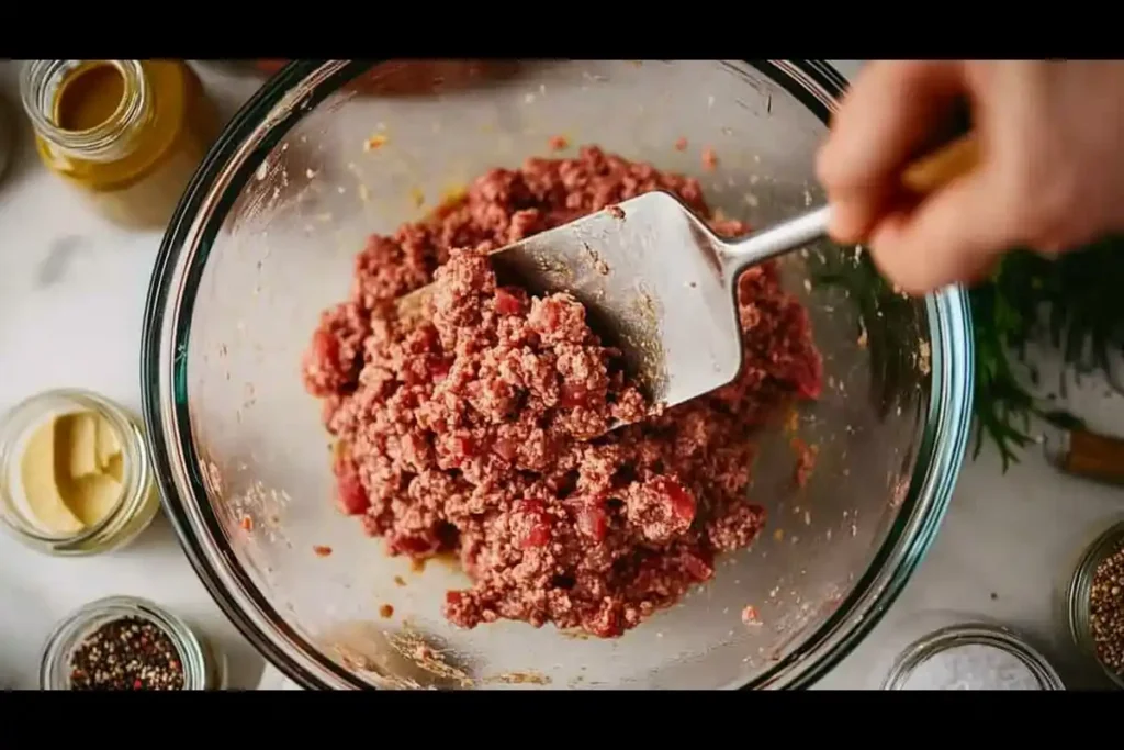 Mixing burger patty ingredients in a bowl with seasonings